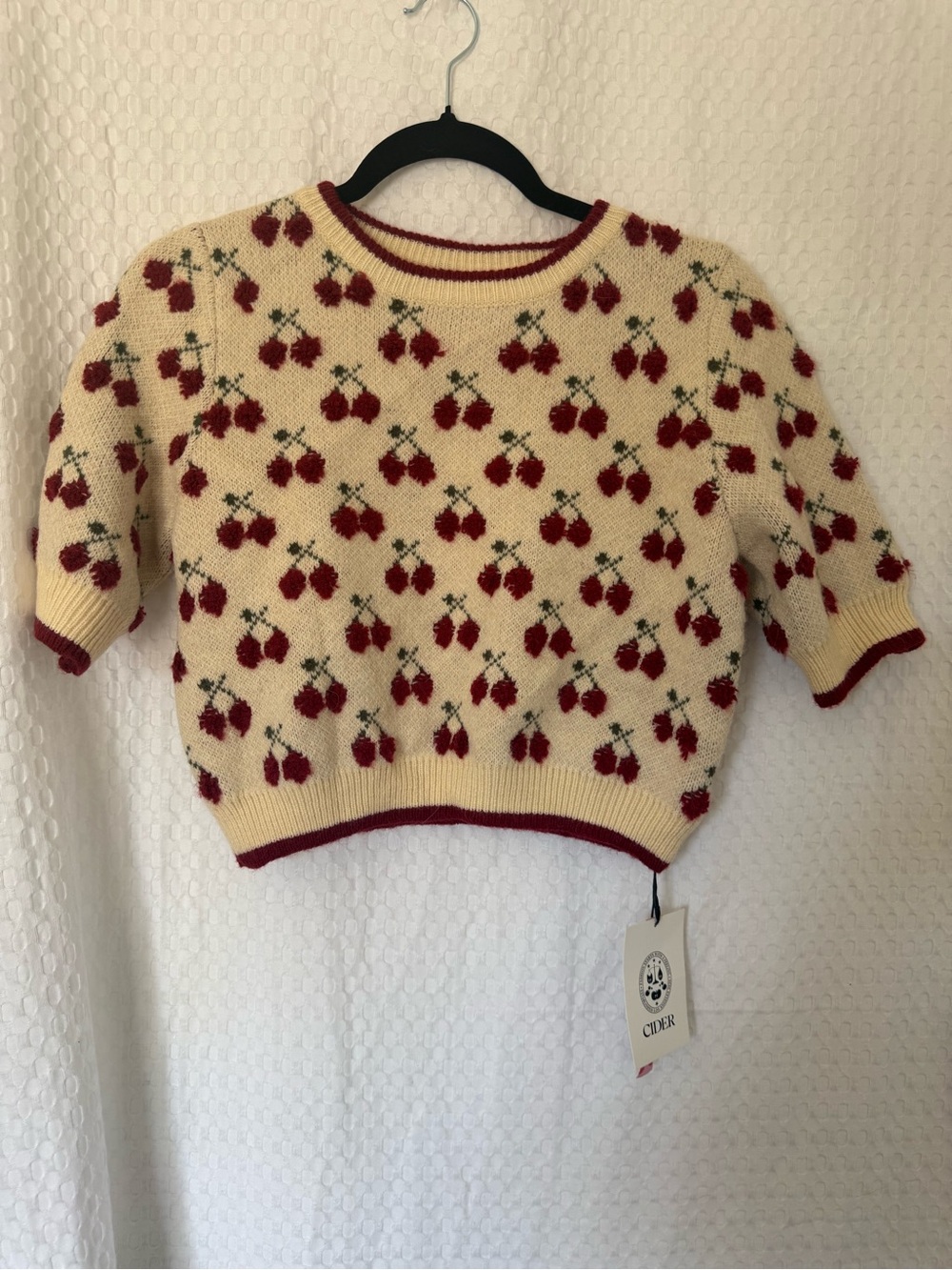 Cider Cherry Print Fuzzy Knit Sweater Cottagecore Coquette S NWT - Picture 2 of 6